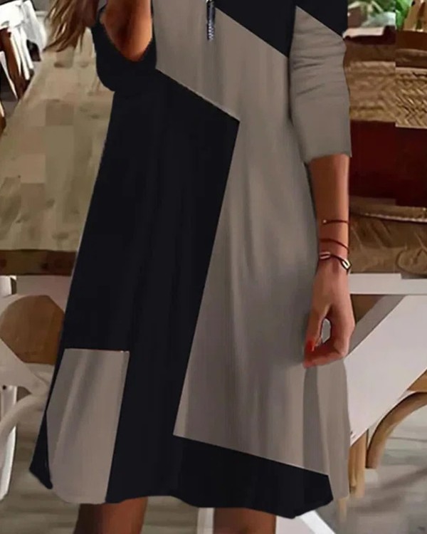 Colorblock Zip Detail Long Sleeve Casual Dress