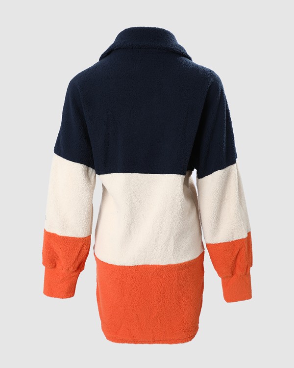Colorblock Zip Front Lantern Sleeve Casual Dress