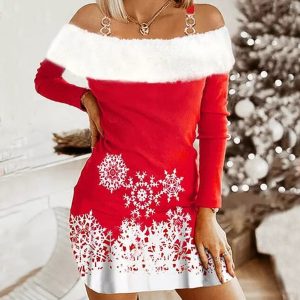 Christmas Snowflake Print Fuzzy Trim Cold Shoulder Dress