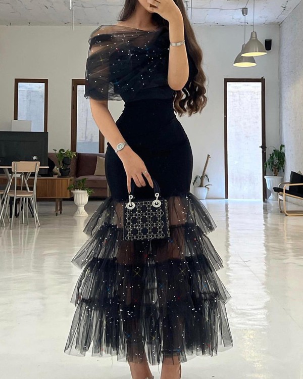 Glitter Layered Sheer Mesh Party Dress
