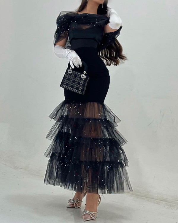 Glitter Layered Sheer Mesh Party Dress