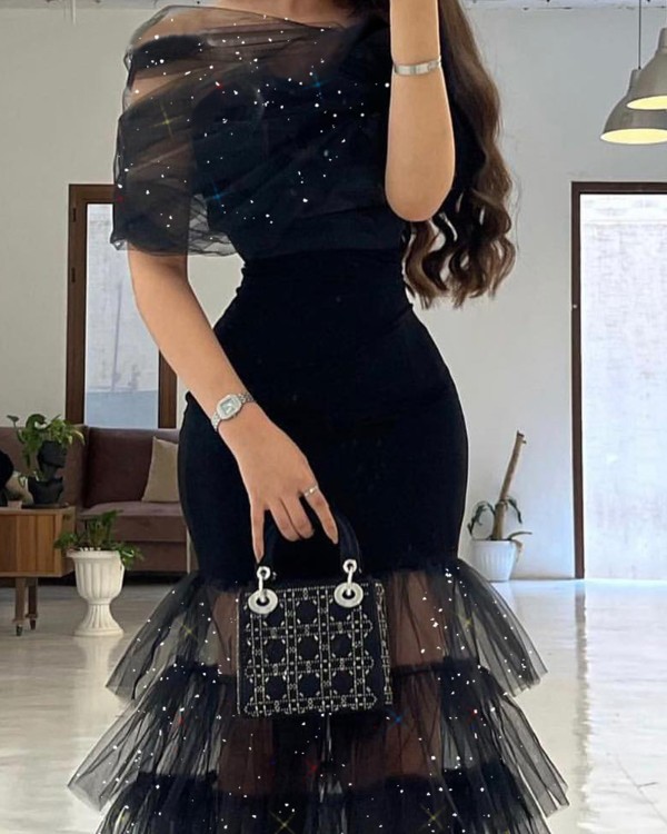 Glitter Layered Sheer Mesh Party Dress