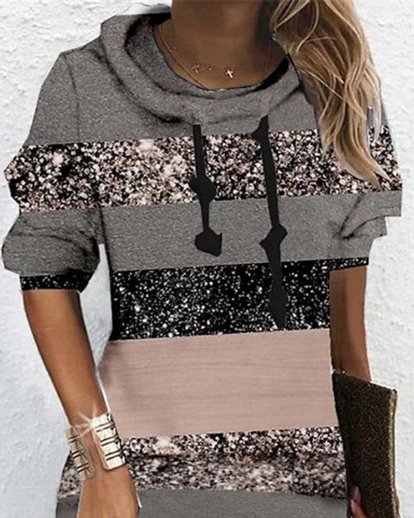 Colorblock Striped Print Hooded Long Sleeve Dress