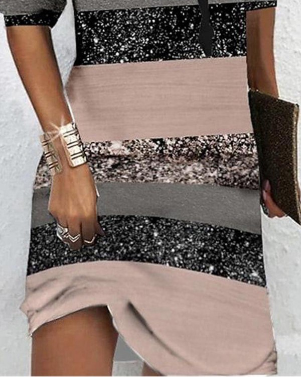 Colorblock Striped Print Hooded Long Sleeve Dress