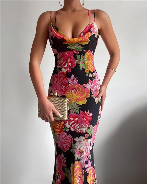 Floral Print Spaghetti Strap Mermaid Evening Dress