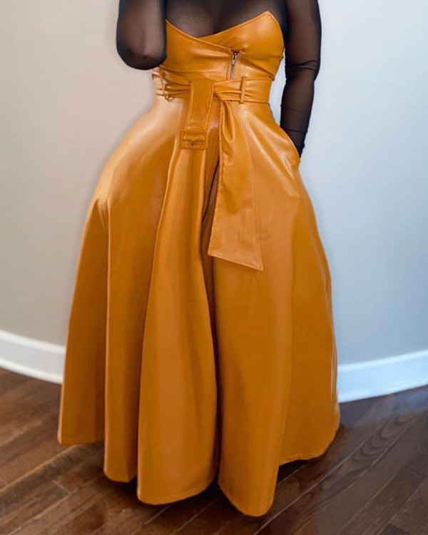 PU Leather High Waist Asymmetrical Zipper Design Skirt