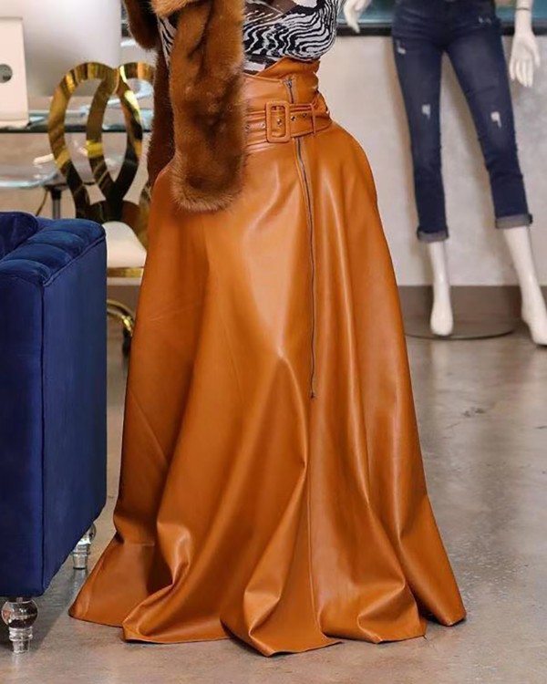 PU Leather High Waist Asymmetrical Zipper Design Skirt