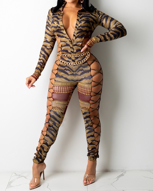 All Over Print Chain Decor Button Front Lace-Up Side Skinny Jumpsuit