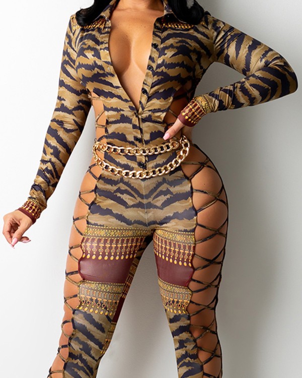 All Over Print Chain Decor Button Front Lace-Up Side Skinny Jumpsuit