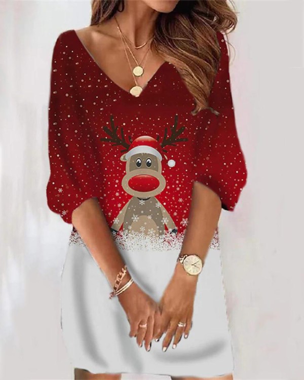 Christmas Snowflake Elk Print Casual Dress
