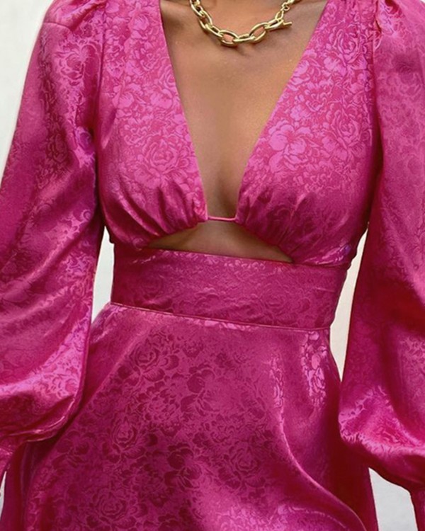 Floral Pattern Puff Lantern Sleeve Cutout Dress