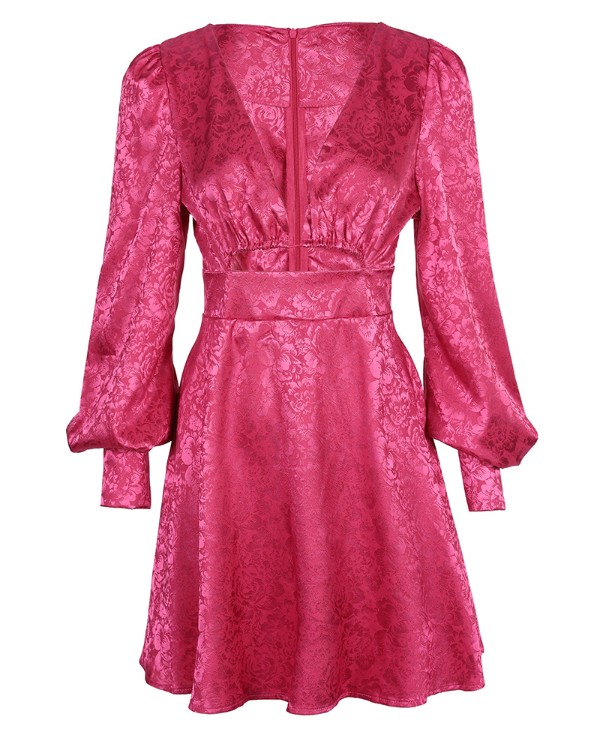 Floral Pattern Puff Lantern Sleeve Cutout Dress