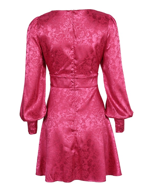 Floral Pattern Puff Lantern Sleeve Cutout Dress