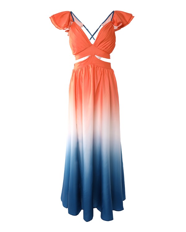 Tie Dye Print Cutout High Slit Ruffle Hem Evening Dress