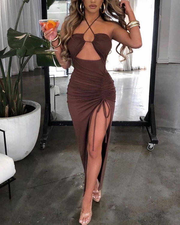 Chocolate Cutout Drawstring Ruched High Slit Dress
