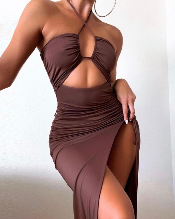 Chocolate Cutout Drawstring Ruched High Slit Dress