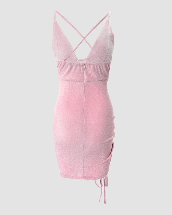 Drawstring Ruched Glitter Party Dress