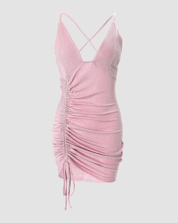 Drawstring Ruched Glitter Party Dress