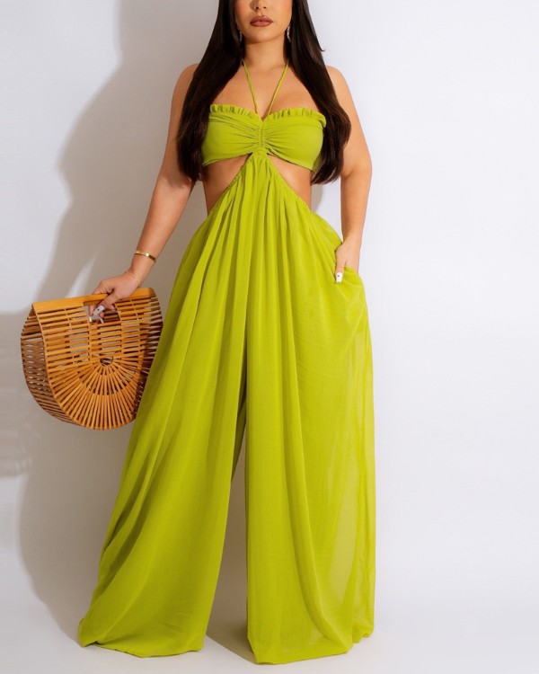 Cutout Waist Wide Leg Flared Jumpsuit