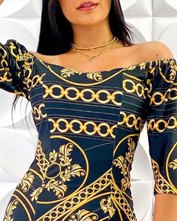 Chain Baroque Print Off Shoulder Bodycon Dress