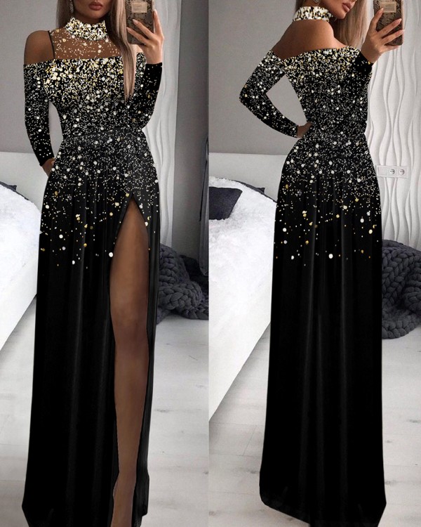 Print Ombre High Slit Mesh Patch Evening Dress