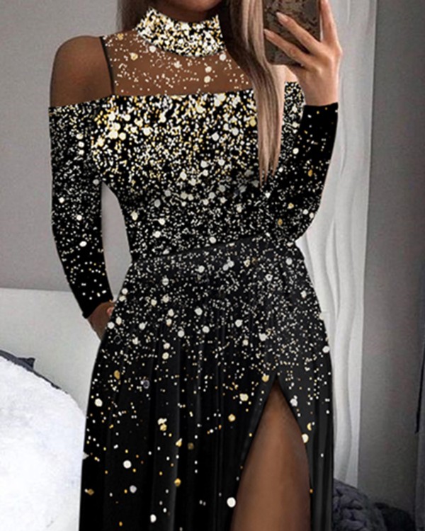 Print Ombre High Slit Mesh Patch Evening Dress