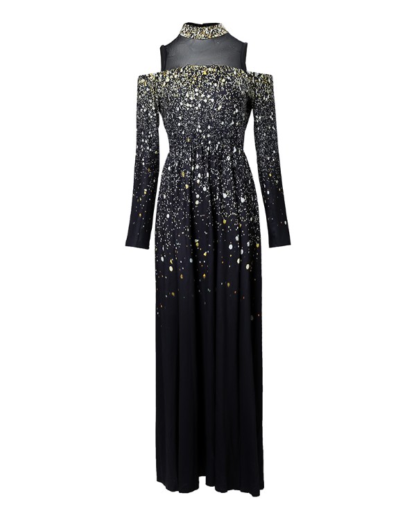 Print Ombre High Slit Mesh Patch Evening Dress