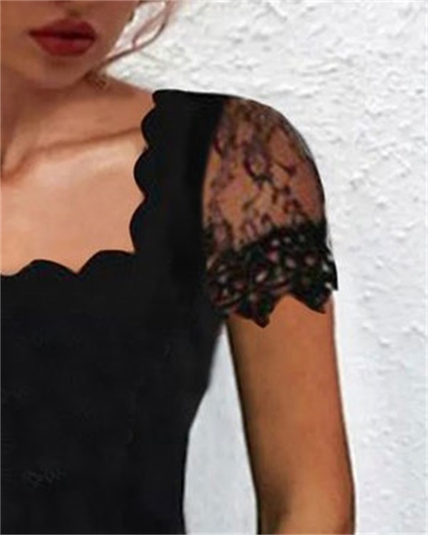Contrast Lace Scallop Trim Casual Dress