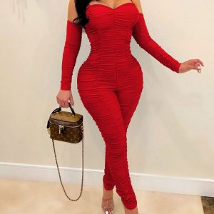 Cold Shoulder Ruched Skinny Jumpsuit