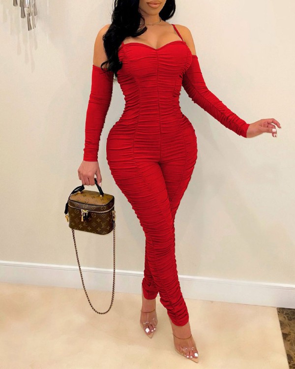 Cold Shoulder Ruched Skinny Jumpsuit