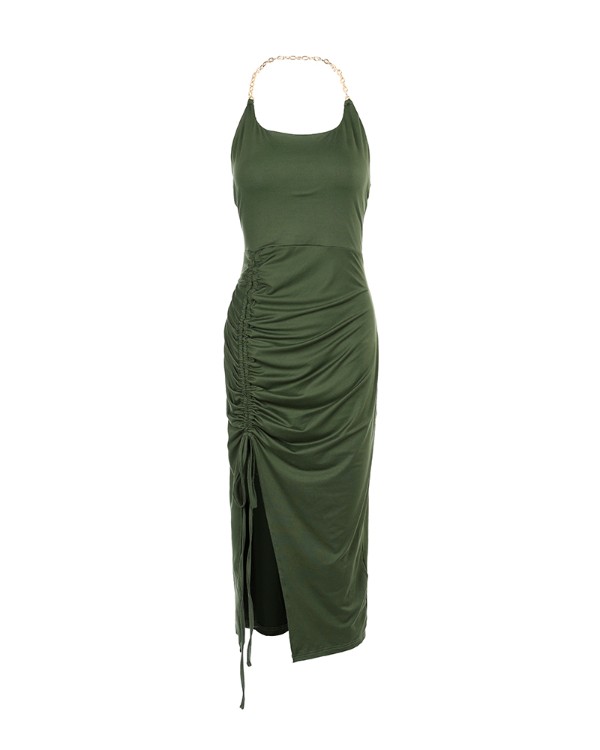 Chain Link Halter Drawstring Ruched Split Thigh Bodycon Dress