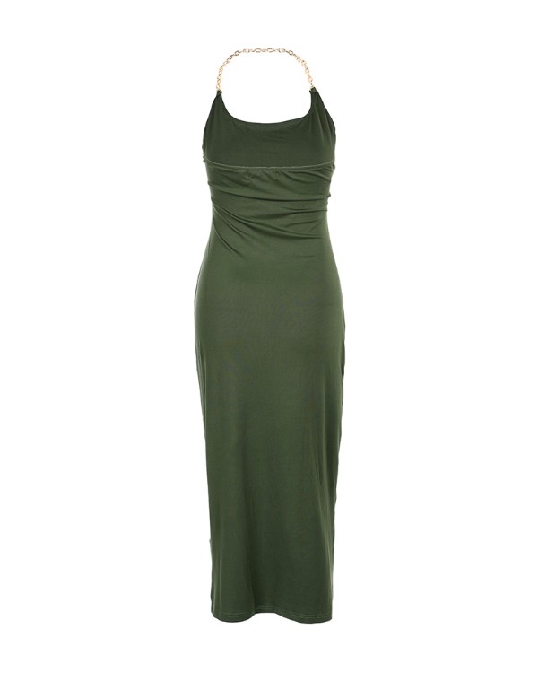 Chain Link Halter Drawstring Ruched Split Thigh Bodycon Dress