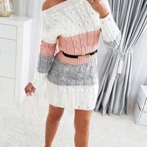 Colorblock Long Sleeve Cable Knit Sweater Dress