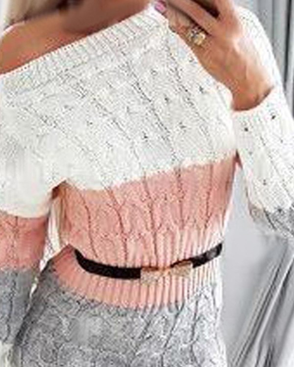 Colorblock Long Sleeve Cable Knit Sweater Dress