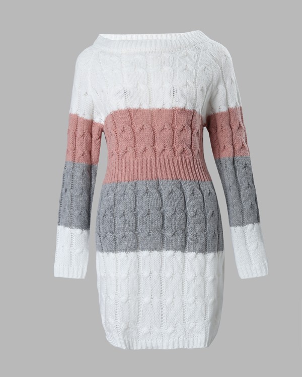 Colorblock Long Sleeve Cable Knit Sweater Dress