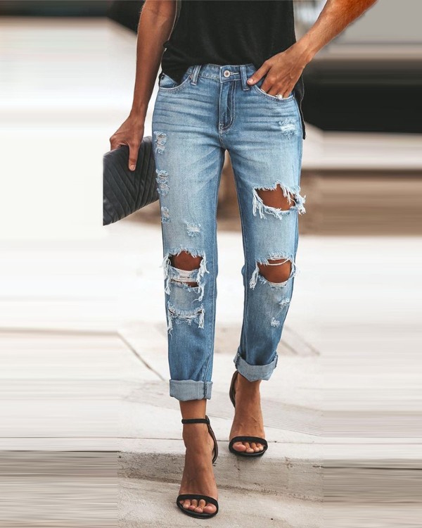Ripped Cutout Single Button Jeans