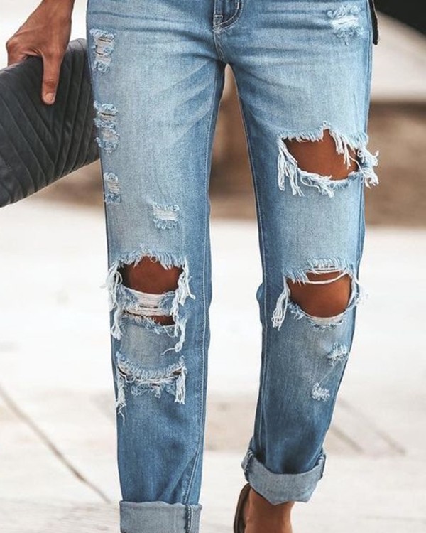 Ripped Cutout Single Button Jeans
