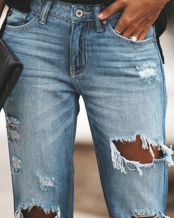 Ripped Cutout Single Button Jeans