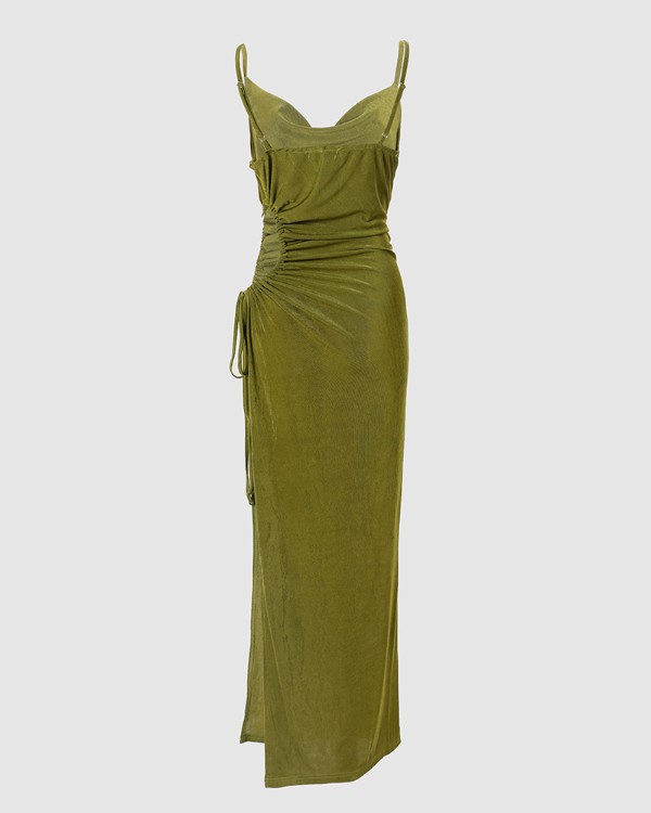 Spaghetti Strap Drawstring Slit Ruched Evening Dress