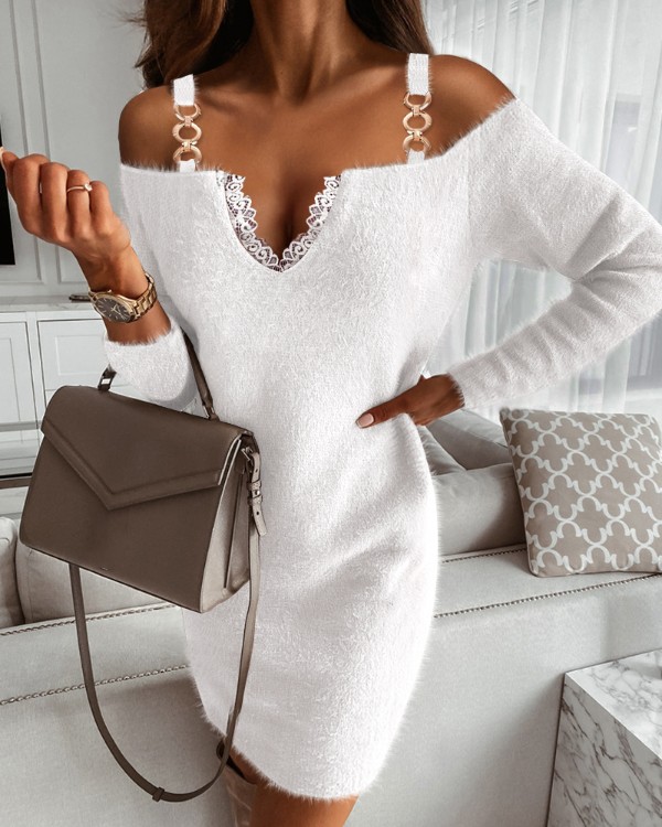 Contrast Lace Cold Shoulder Fluffy Long Sleeve Dress