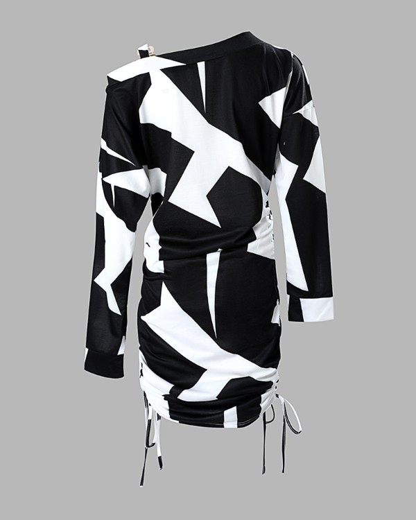 Geometric Print Cold Shoulder Drawstring Long Sleeve Dress