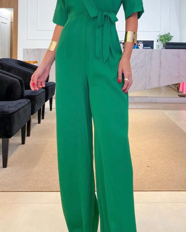 Half Sleeve Wide Leg Work Jumpsuit