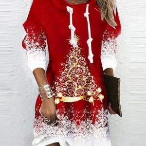 Christmas Tree Snowflake Print Long Sleeve Dress