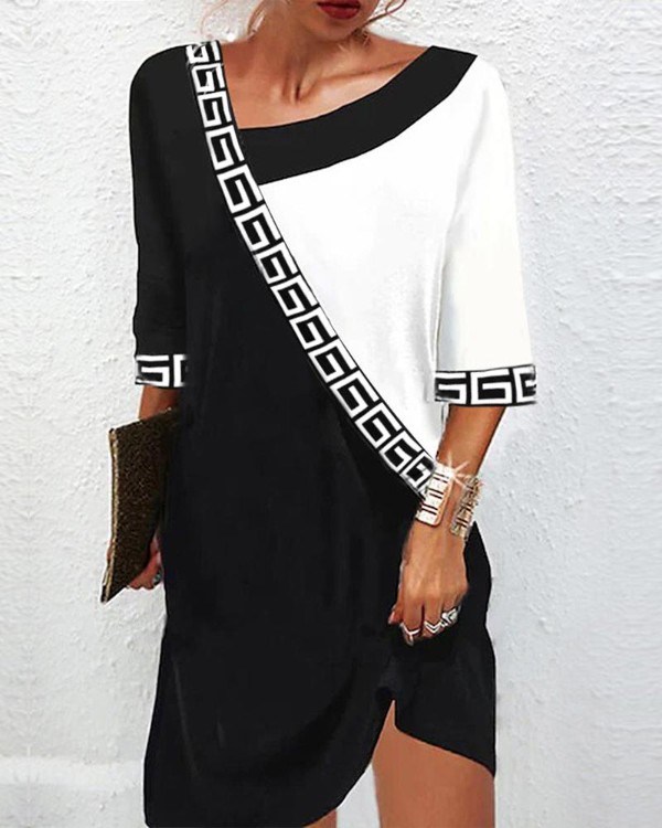 Colorblock Geometric Print Casual Dress