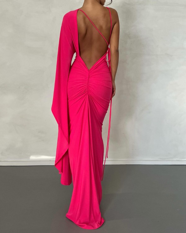 Asymmetrical Neck Backless Plunge Evening Dress