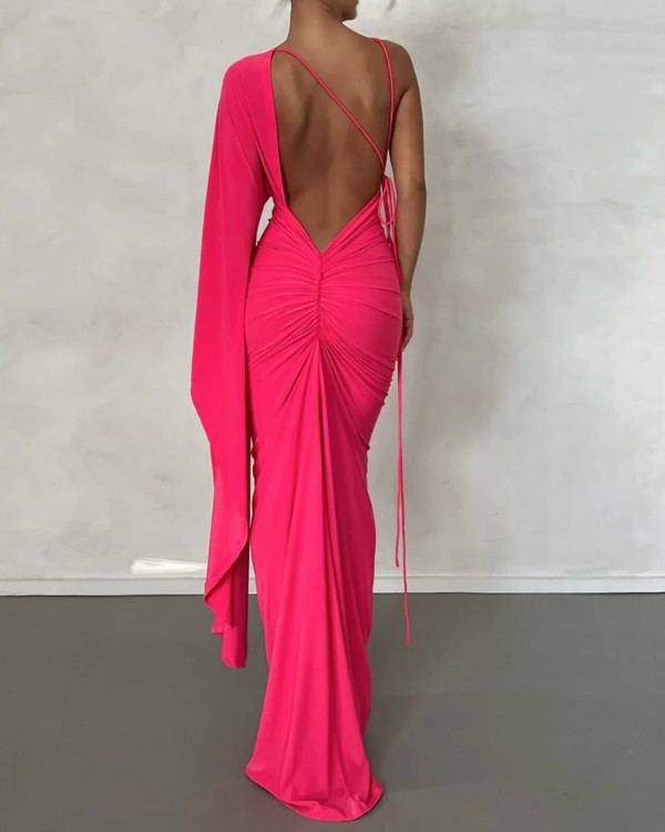 Asymmetrical Neck Backless Plunge Evening Dress