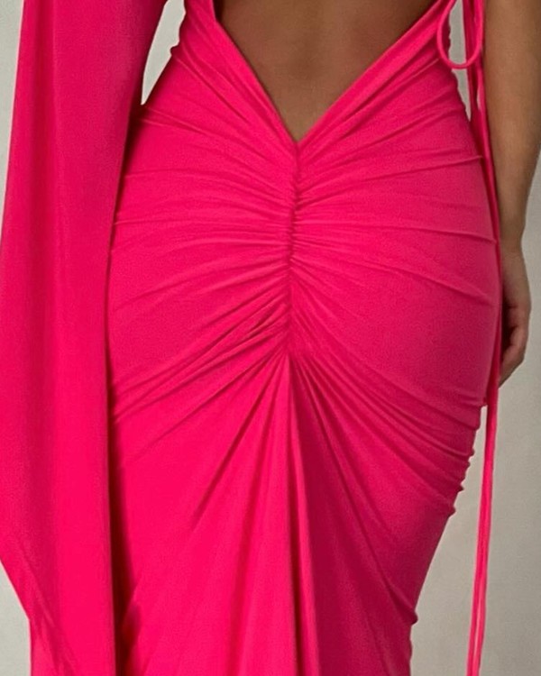 Asymmetrical Neck Backless Plunge Evening Dress