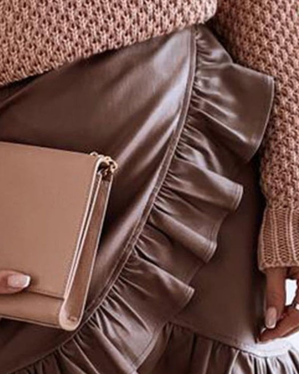 PU Leather Ruffle Hem Mini Skirt