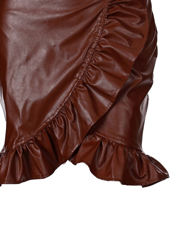 PU Leather Ruffle Hem Mini Skirt