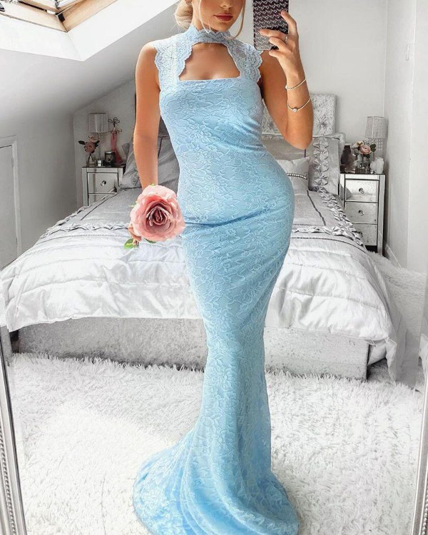 Cutout Scallop Trim Lace Prom Dress